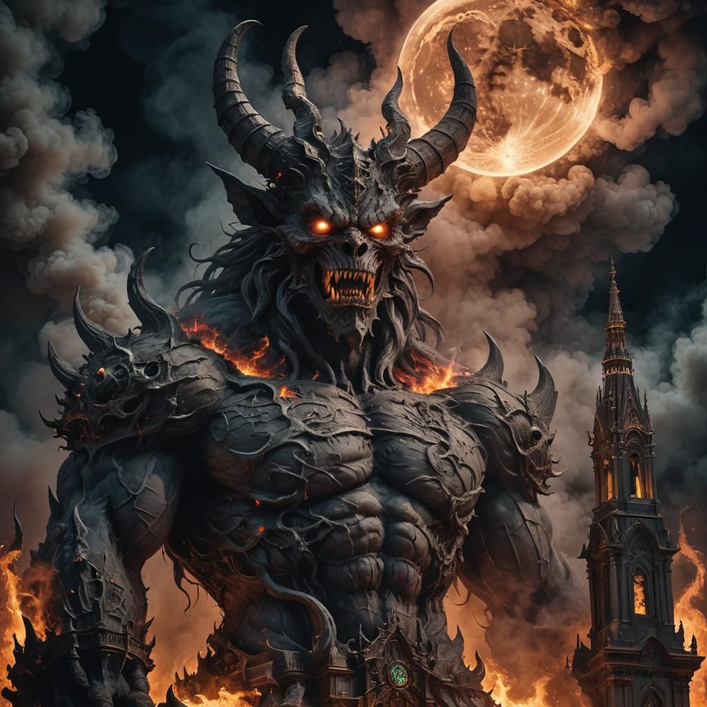 Fiery Smoke Demon Above Burning Cathedral