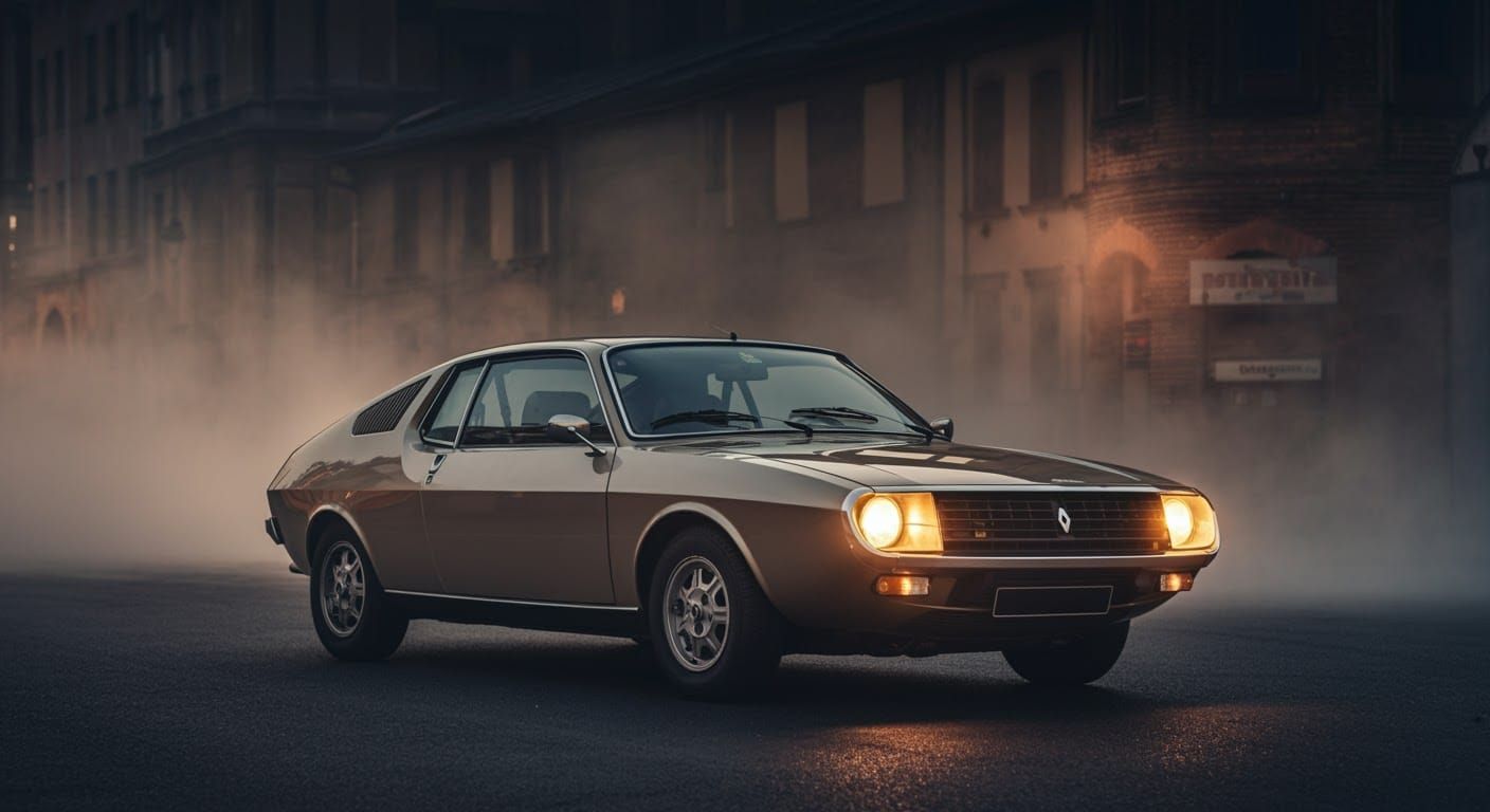 Renault 17 Coupé in Misty Cityscape at Dusk