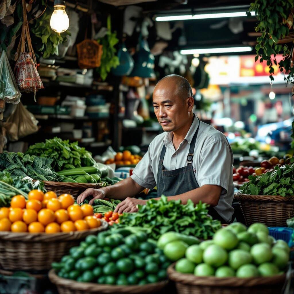 Vietnamese Greengrocer at Work in Chicago Shop