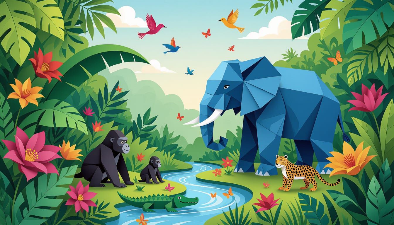 Vibrant Paper Origami Jungle World with African Fauna
