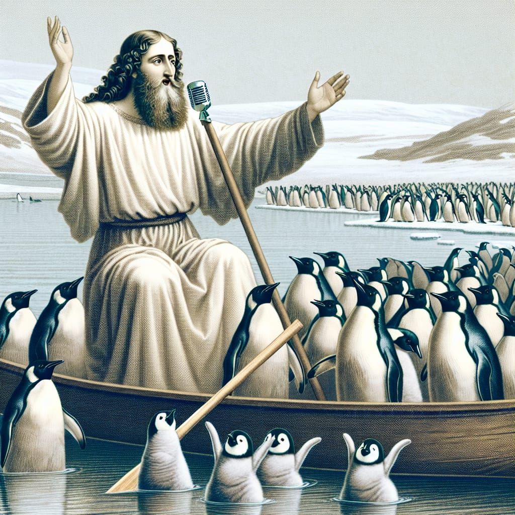 Jesus Rapping to Penguins in Canoe: Digital Art