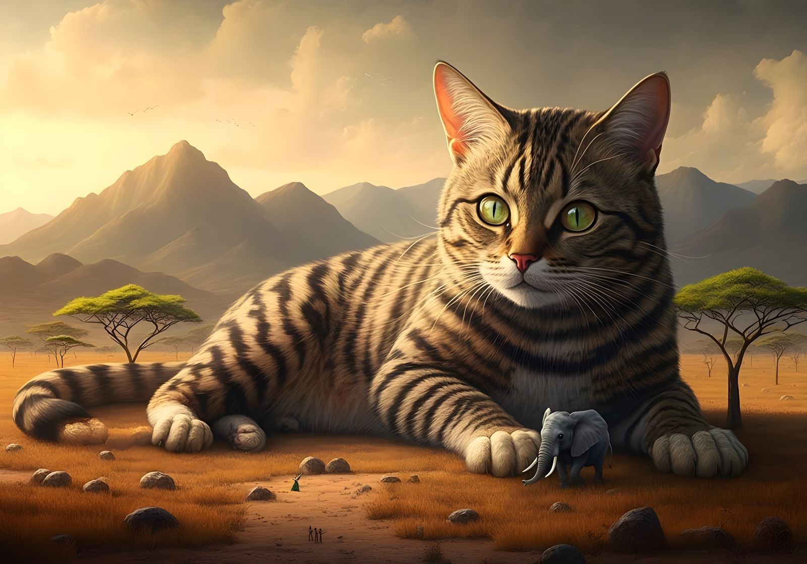 Giant Cat and Miniature Elephant in Savanna