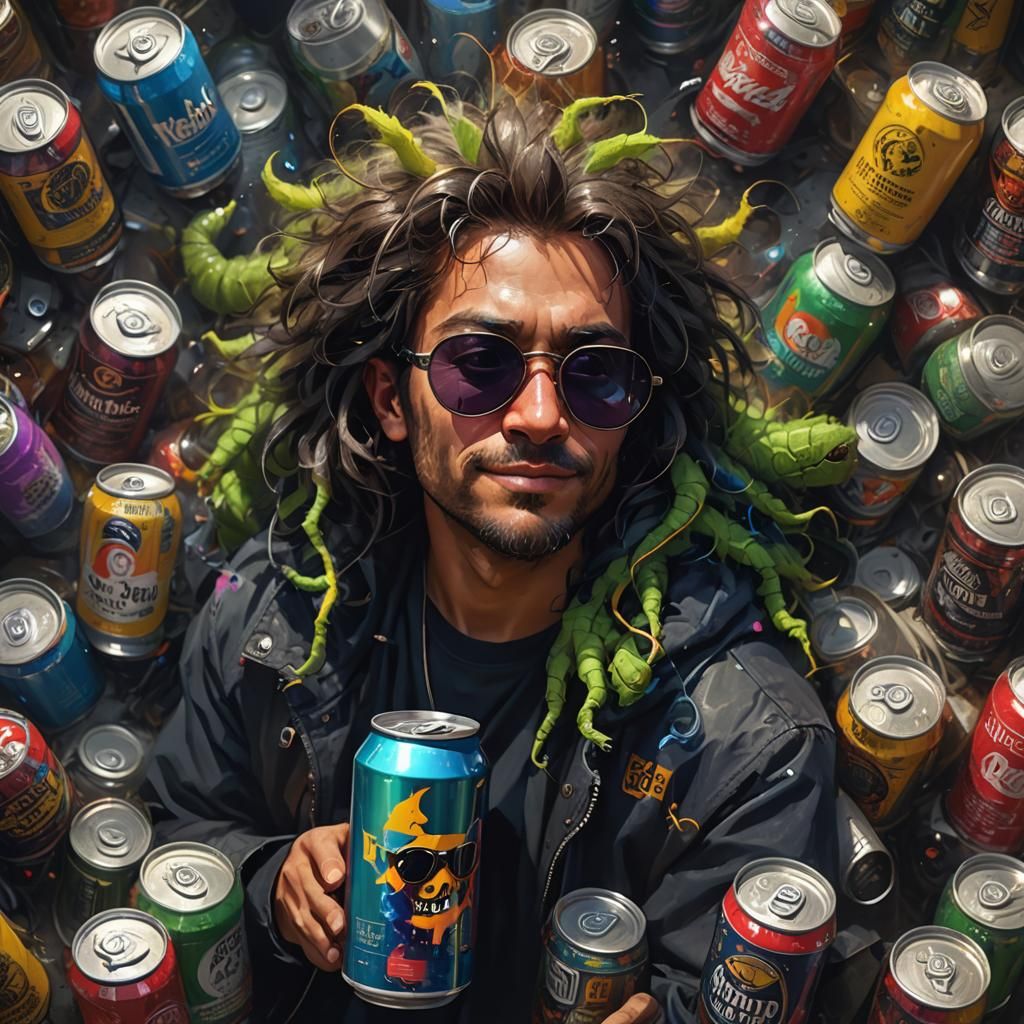 Fuzzy Caterpillar on Beer Can, Splash Art Portrait