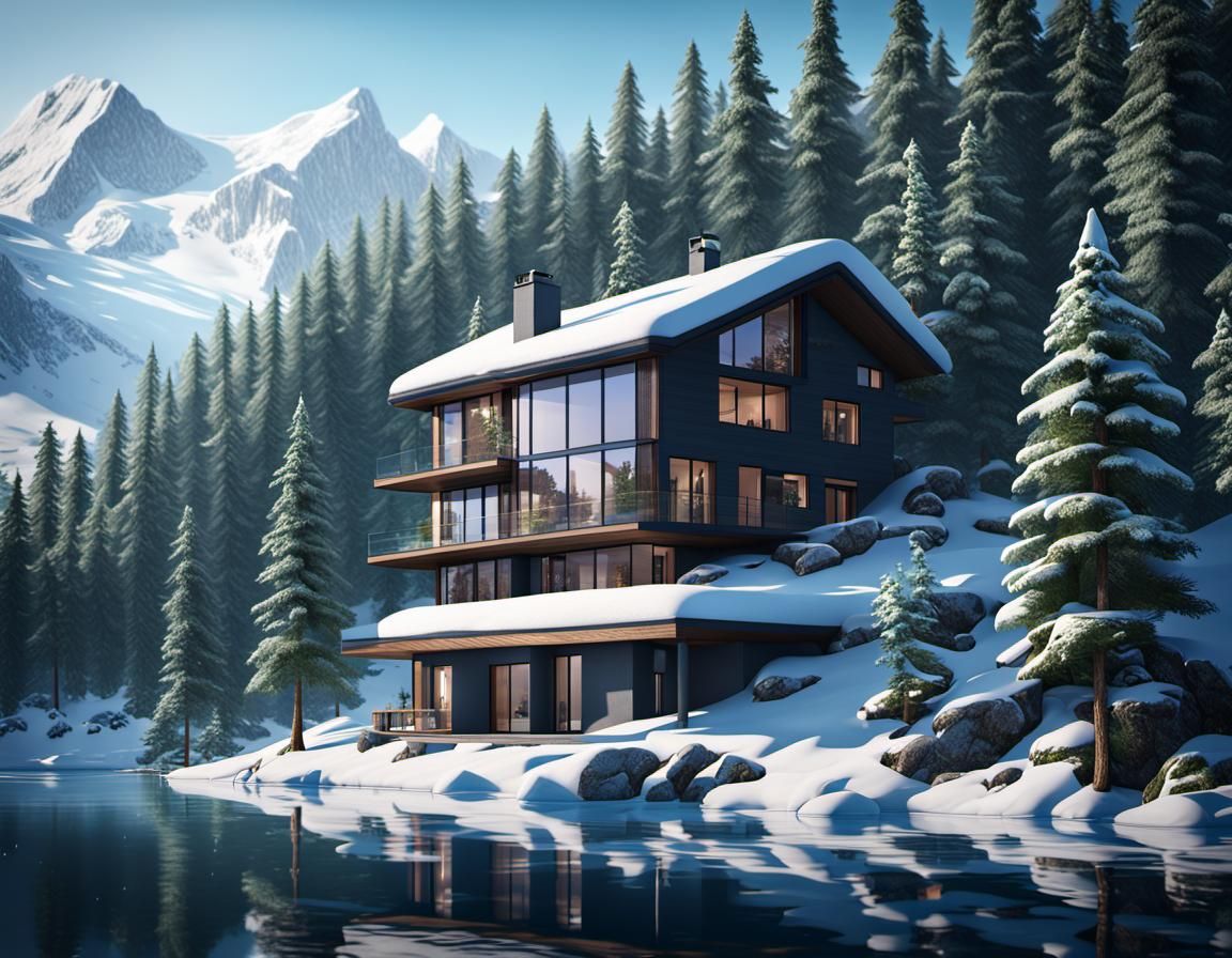 Mountainside House Overlooking Frozen Lake: Fantasy Art
