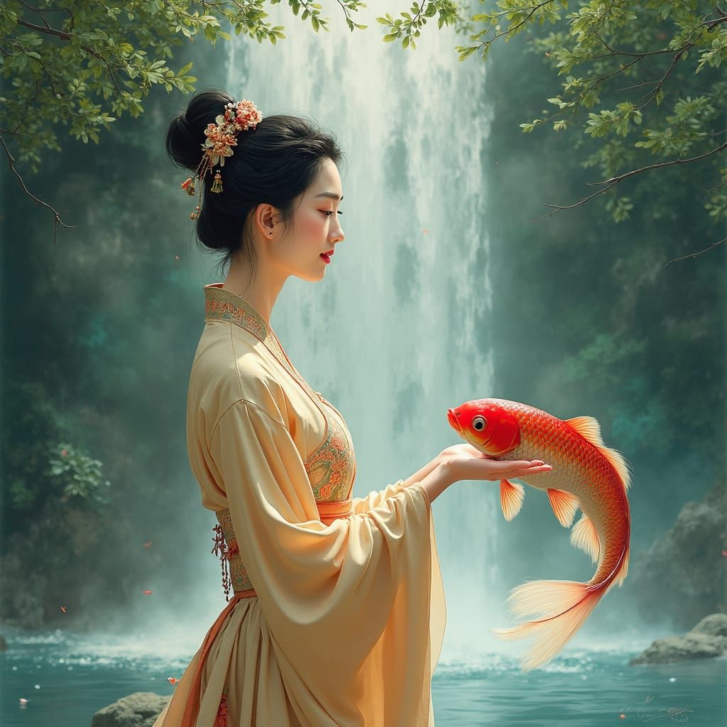 Woman with Fish Under Waterfall in Chinese Art Style