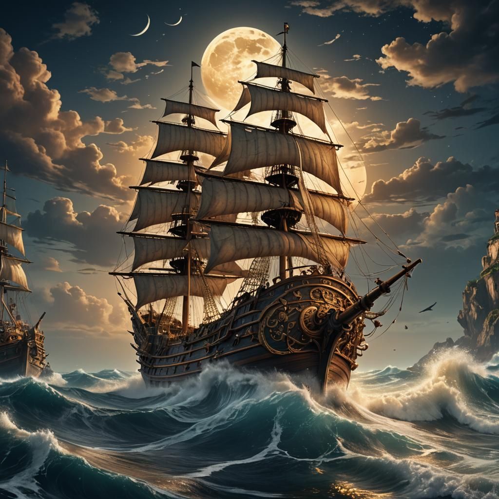 Cinematic Pirate Ship Sails Under Full Moonlit Sea