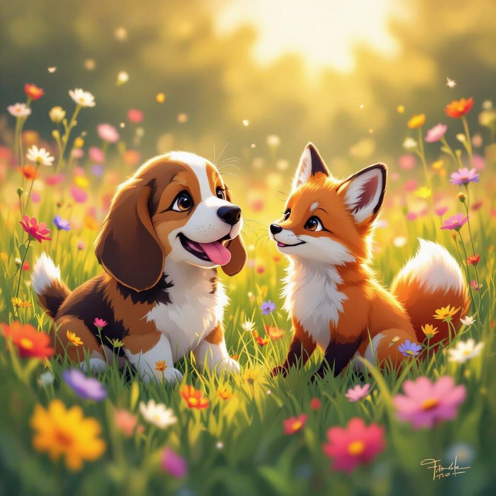 Kawaii Basset Hound & Fox Cub in Wildflower Field