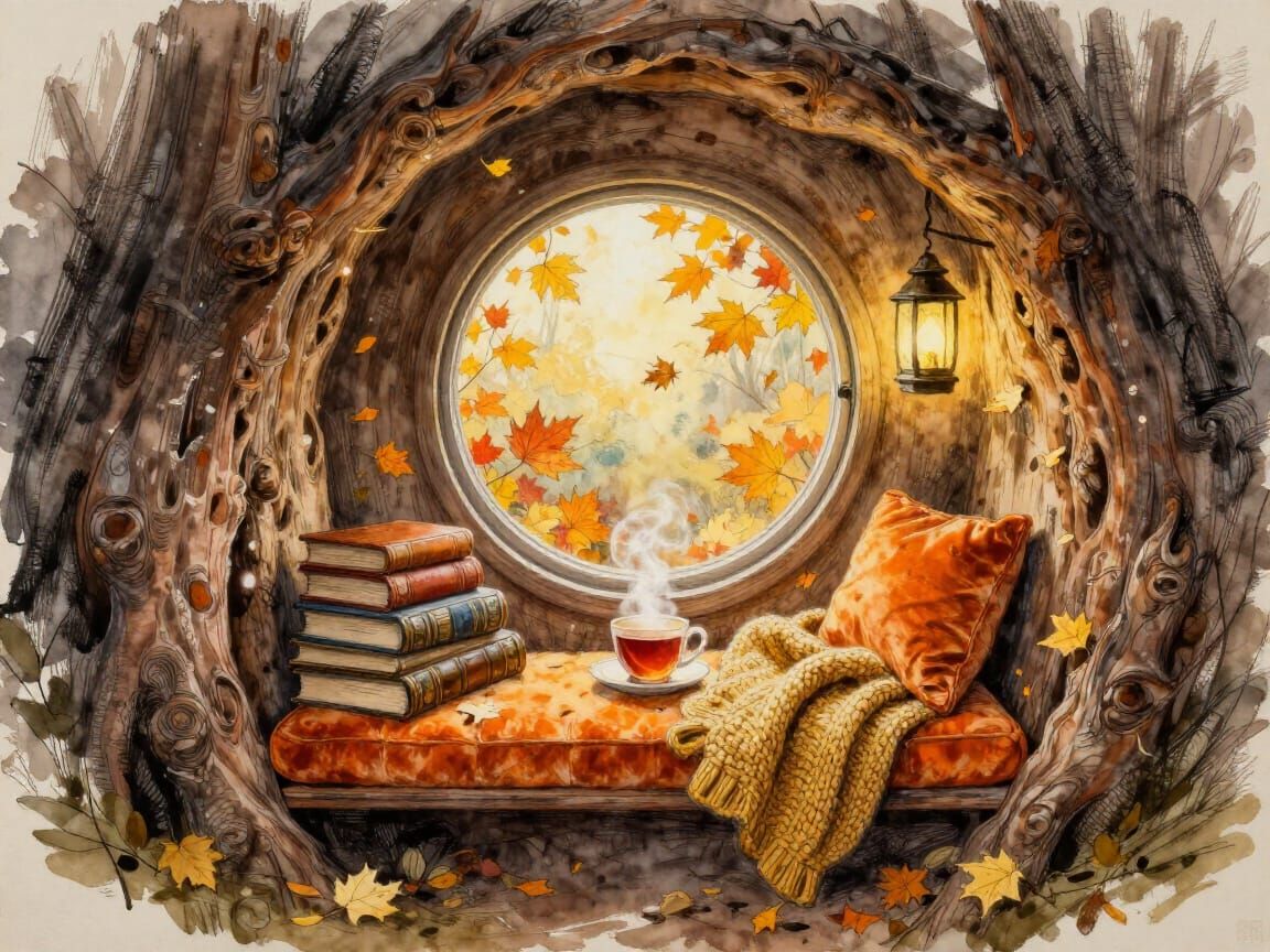 Cozy Autumn Window Seat in Hollow Oak Tree