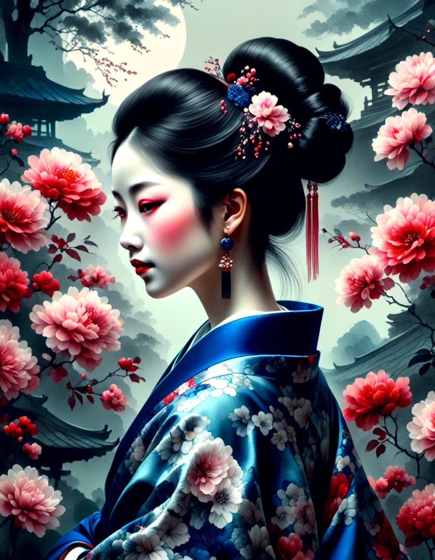 Geisha in Tea House: Baroque Oil Painting