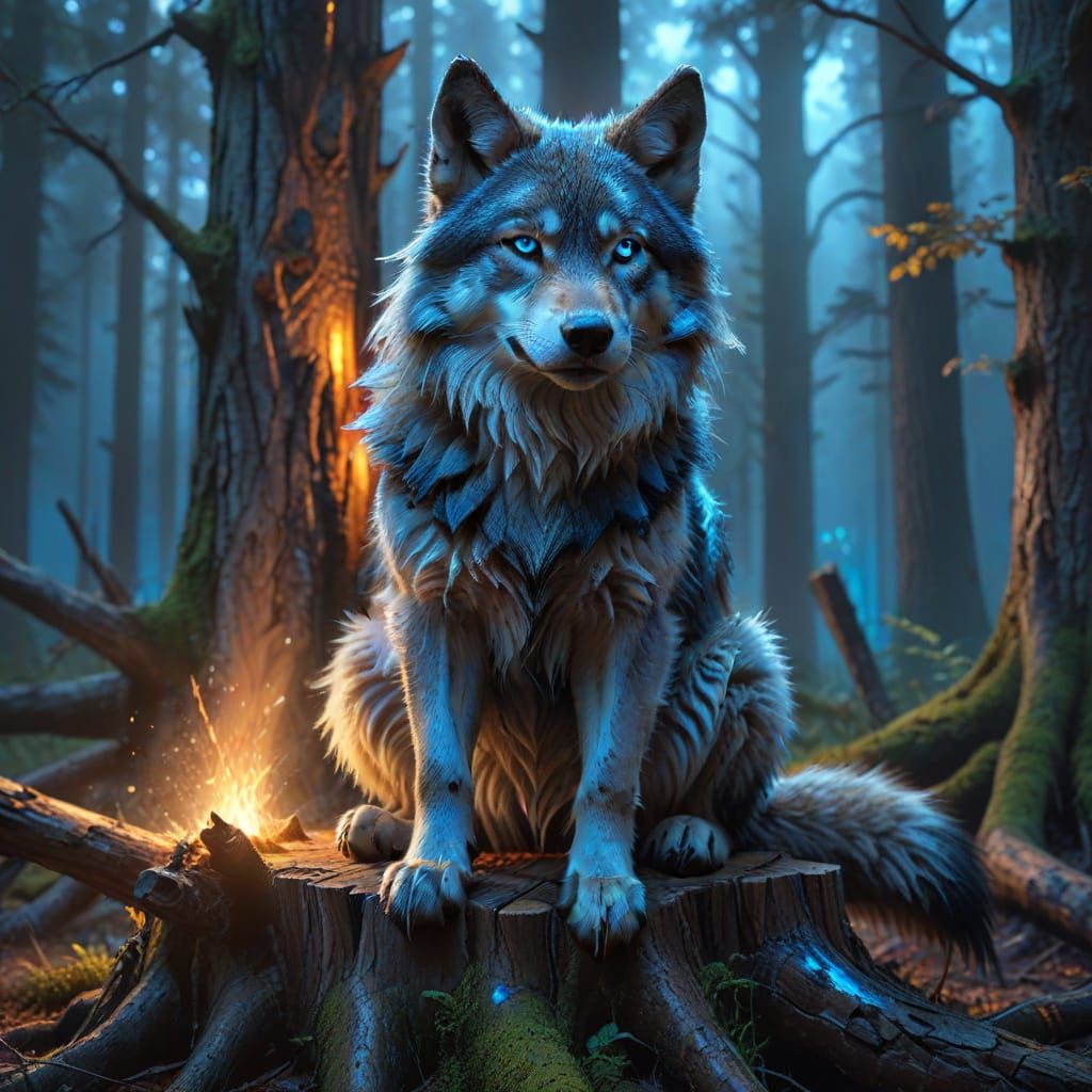 Anthropomorphic Wolf Portrait in Misty Forest