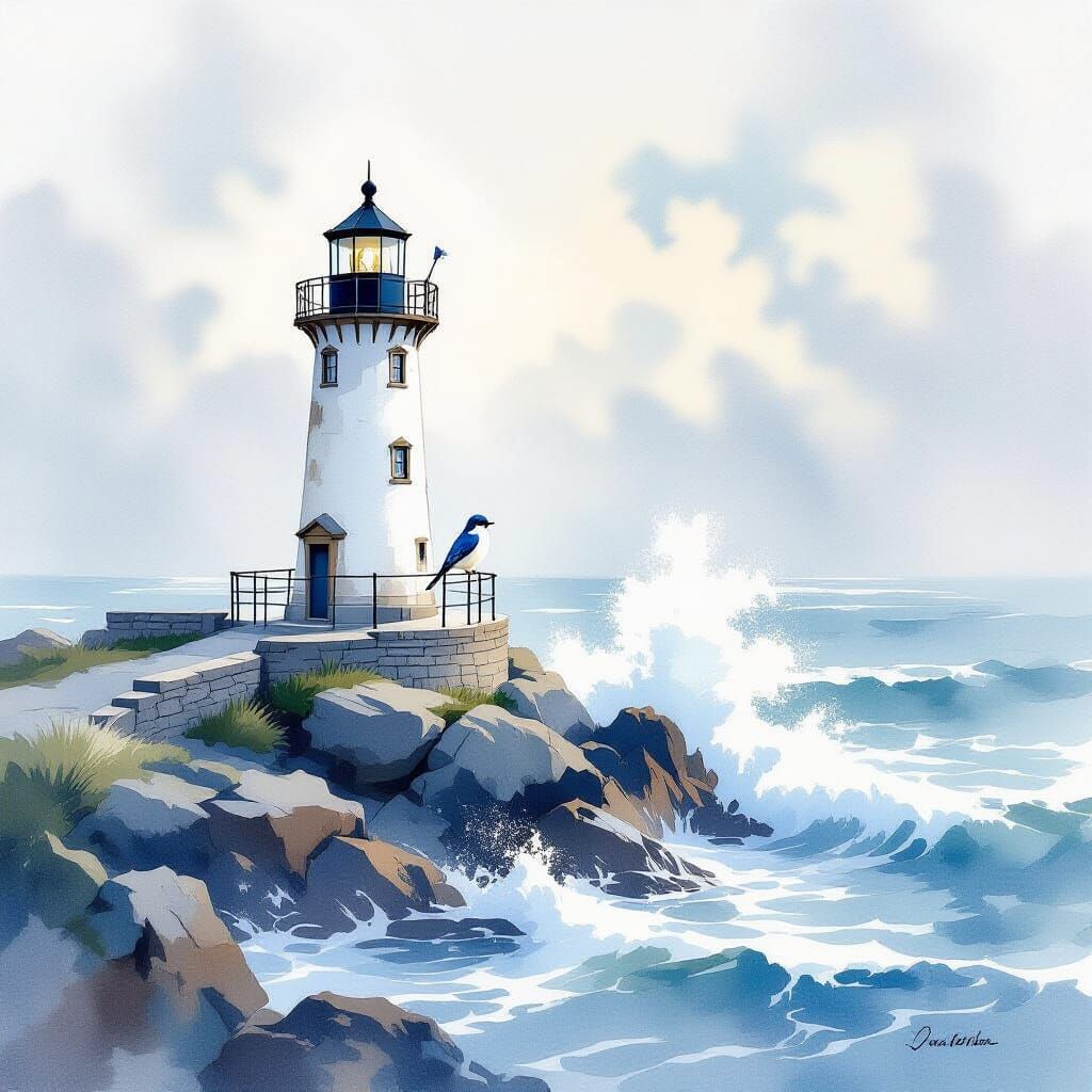 Impressionistic Watercolour Lighthouse with Bluebird