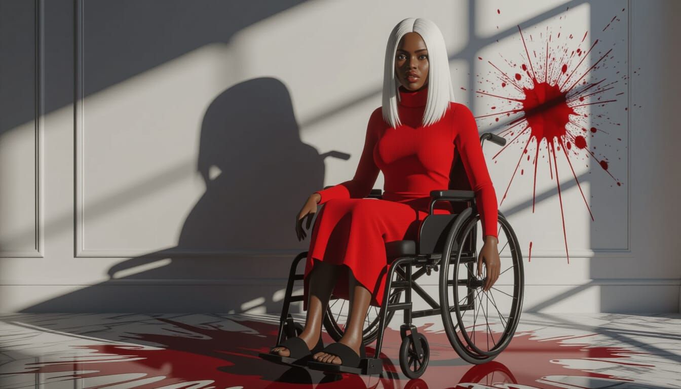 Scared Woman in Red Turtleneck, Shadow & Blood Splatter