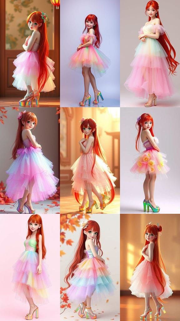 Japanese Beauty in Vibrant Rainbow Gown with Sparkling Heels