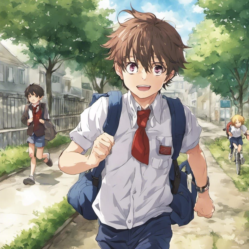 Anime Boy Rushing to School, Manga Style