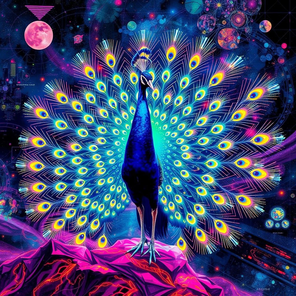 Cyberpunk Peacock Electrifies the Night