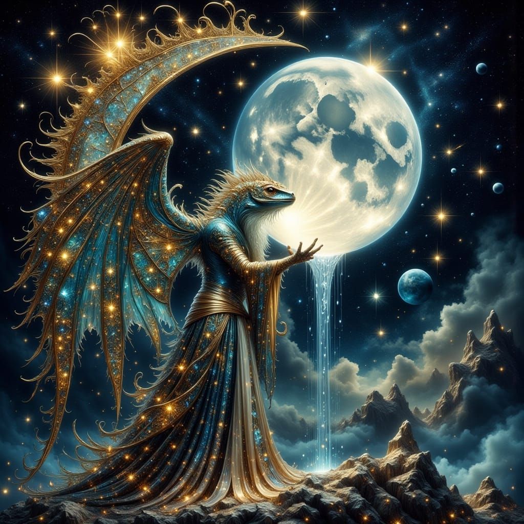 Wizard Lizard Holding Moon in Cosmic Scene