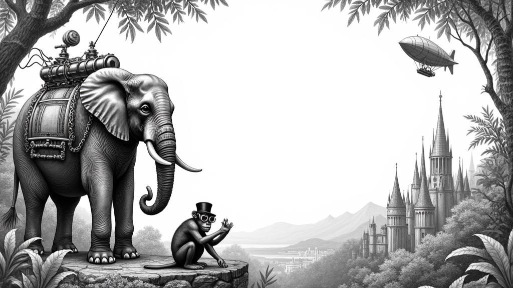 Steampunk Elephant Jungle Illustration in Engraving Style