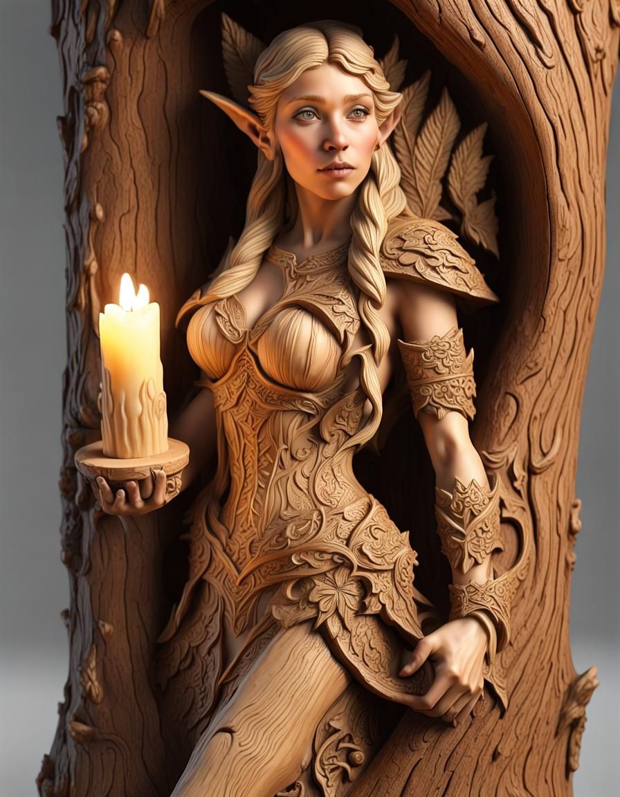 Carved Wood Elf Warrior with Candle
