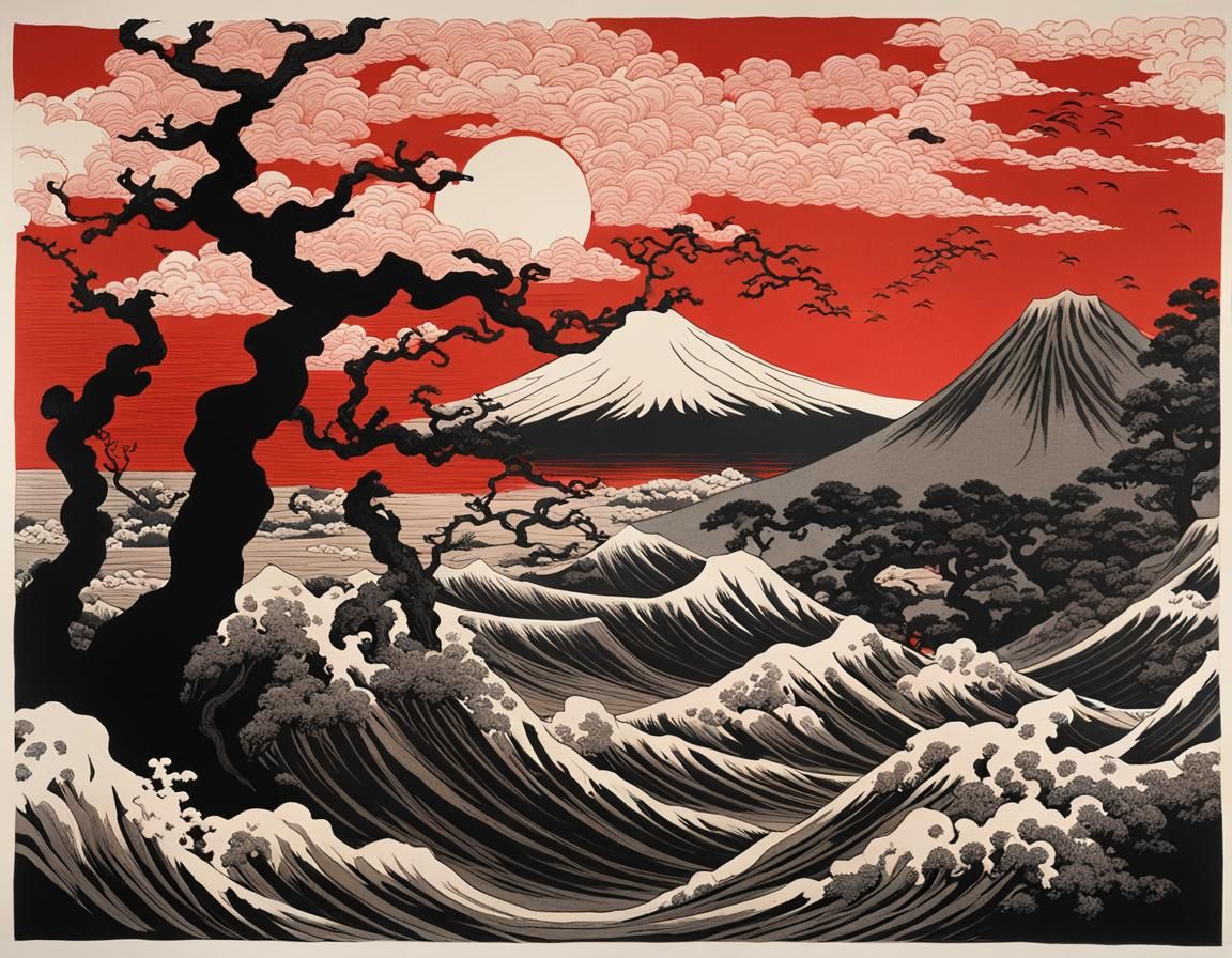 Volcanic Eruption in Ukiyo-e Style