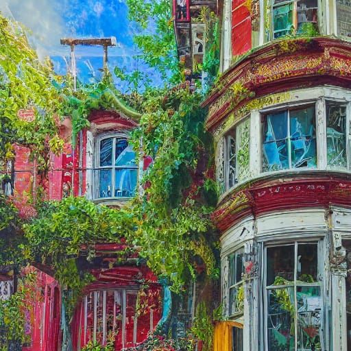 Dilapidated House in Vibrant Flower Garden