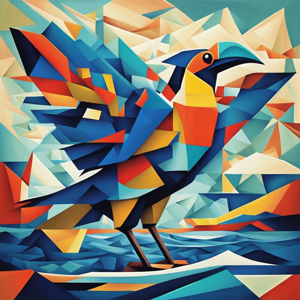 Giant Bird in Sea: Cubist Art Deco Painting
