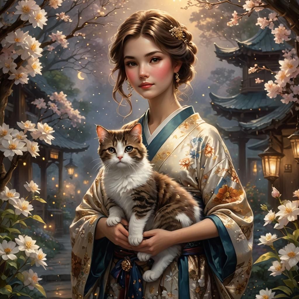 Ethereal Woman with Kitten, Kinkade Style