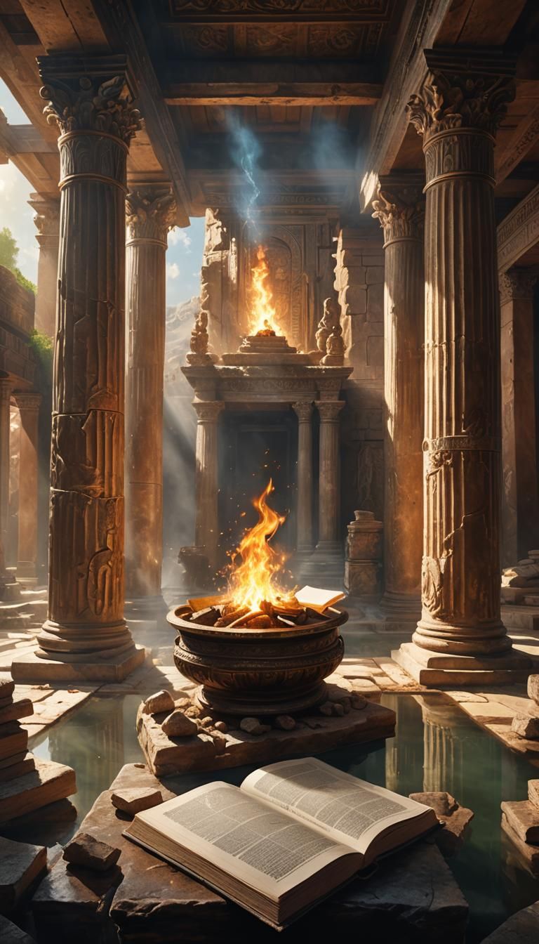 Sunlit Book in an Ancient Elemental Chamber