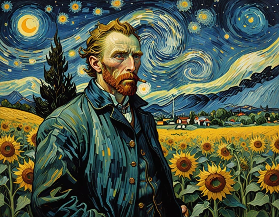 Vincent van Gogh in a Field of Overgrown Sunflowers