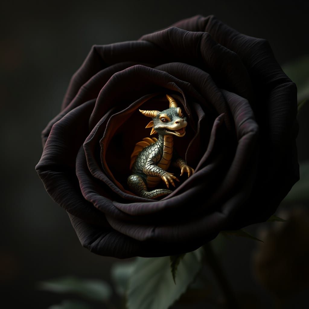 Hyperrealistic Black Rose with Green-Gold Dragon