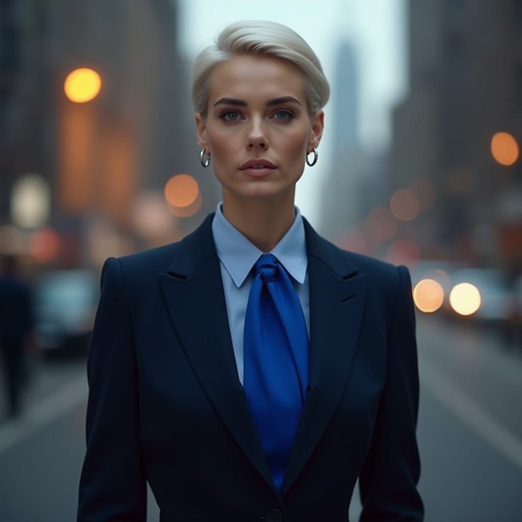 Sophisticated Woman in Dark Blue Suit, Navy Blue Shirt, and ...