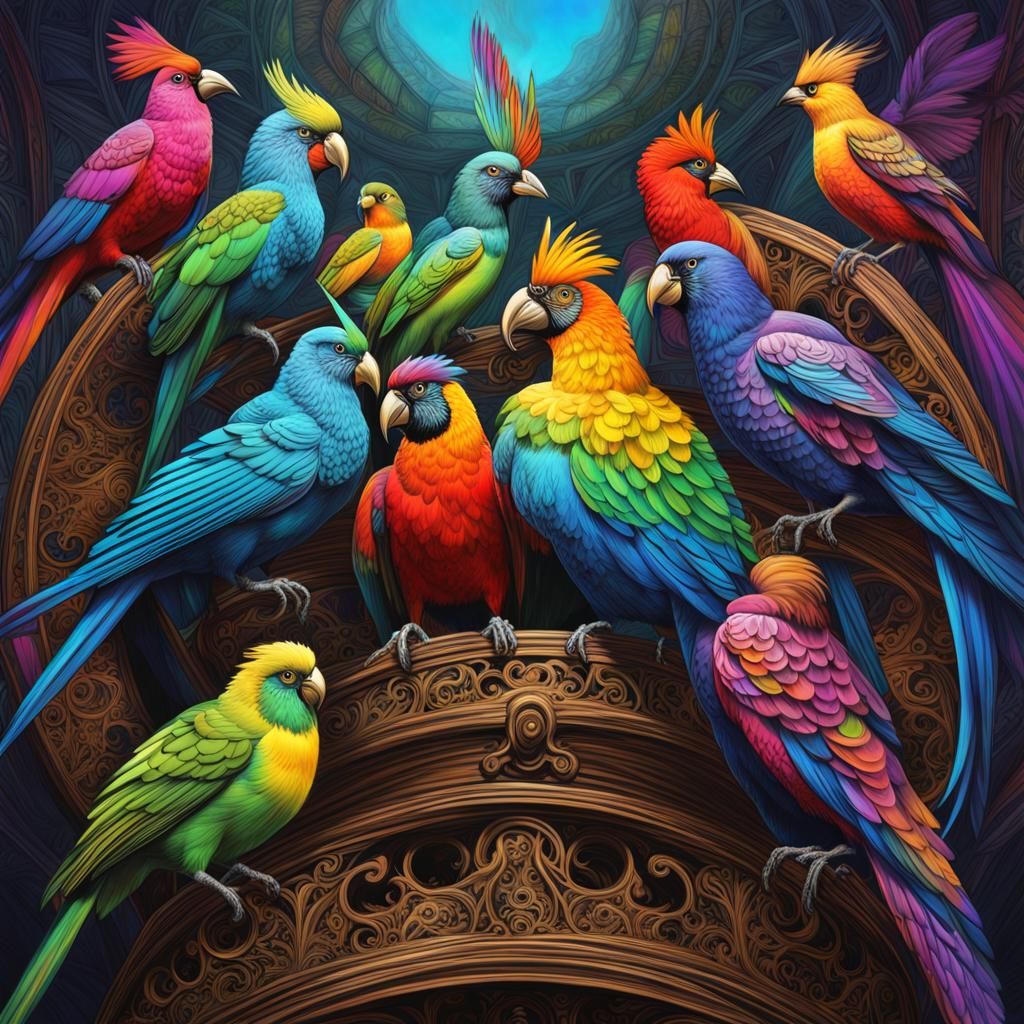 Rainbow of various   Fantasy Birds ,  man in Victorian aviar...