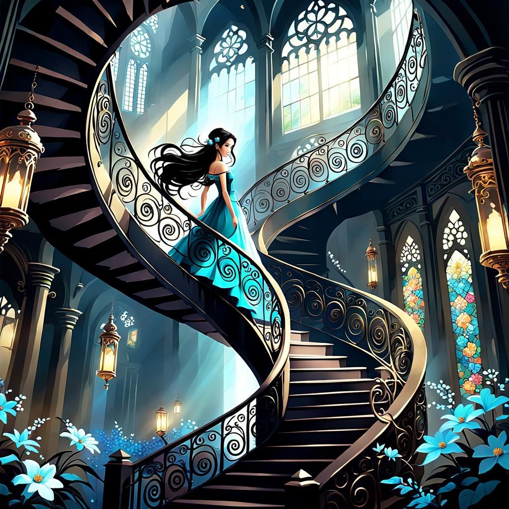 Ethereal Dark-Haired Spirit Ascends Spiral Staircase