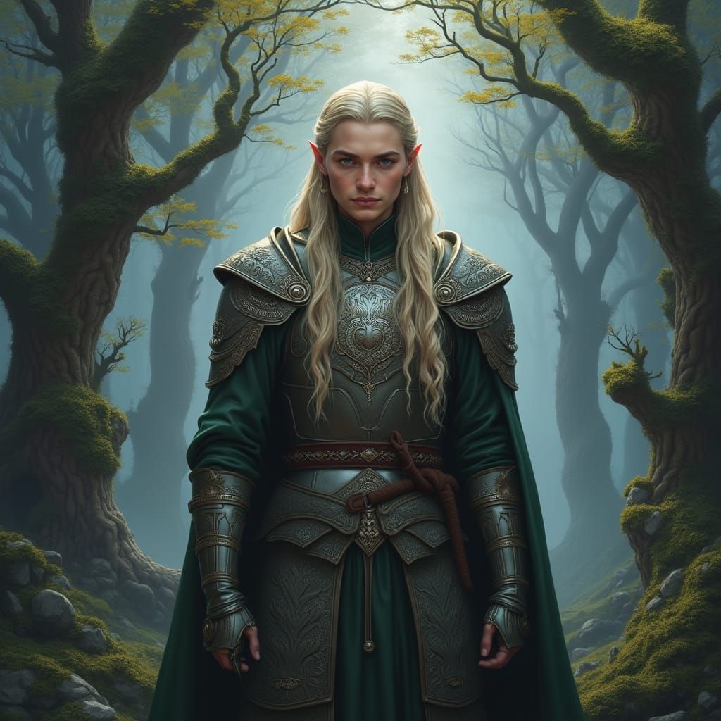 Legolas in Regal Armor Amidst a Mystical Forest