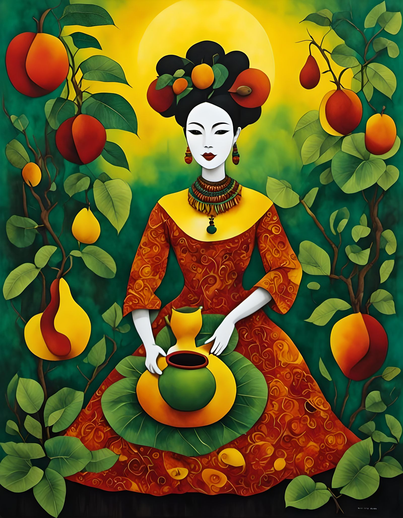 Balinese Dancer with Mangoes in Batik Style