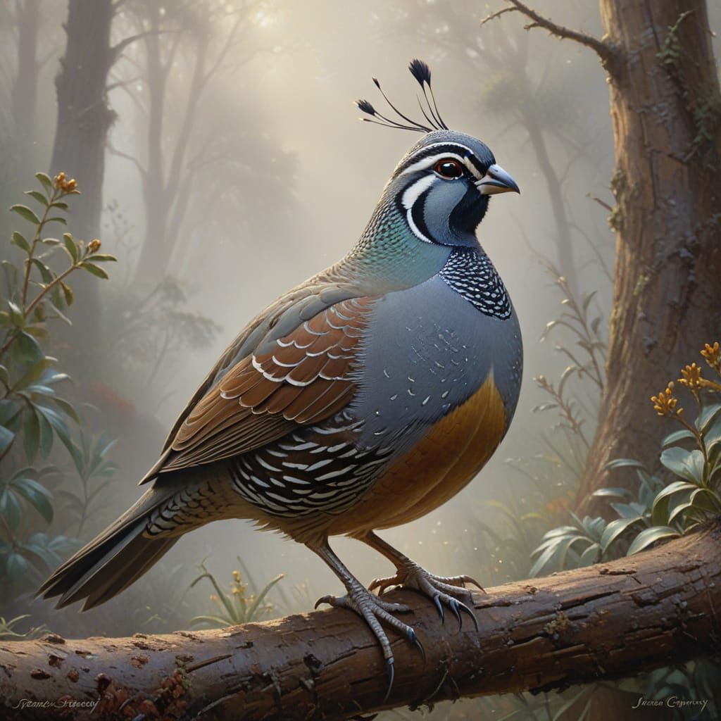 California Quail Portrait in Foggy Landscape