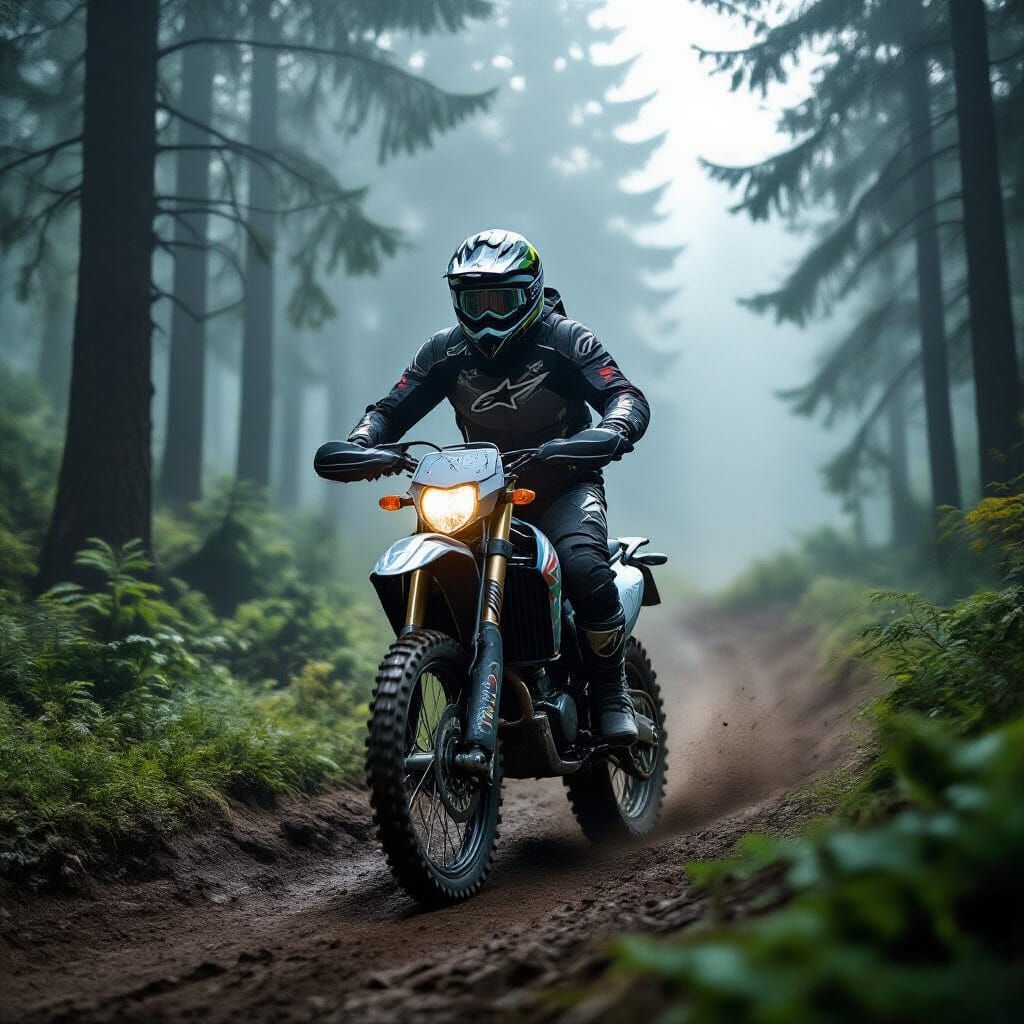 Off-Road Rider in Misty Forest Trail