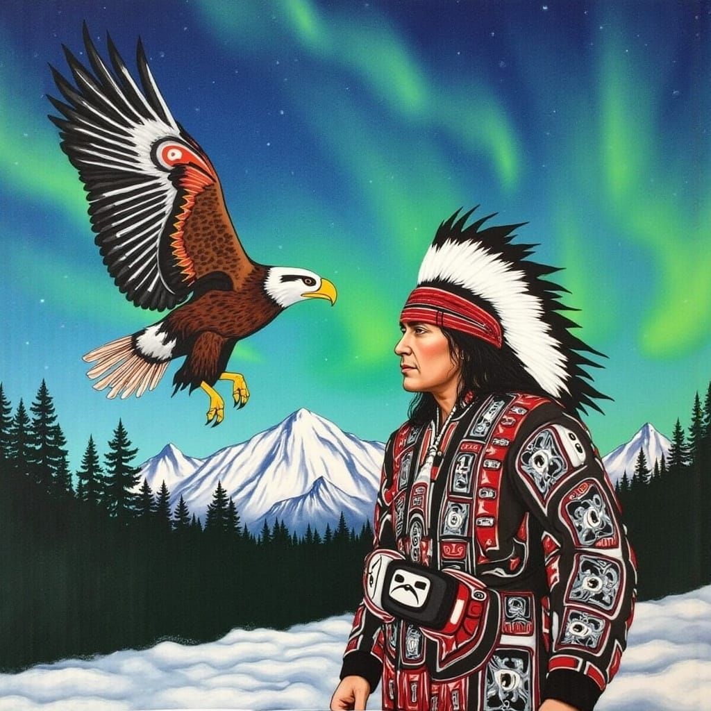Haida-Style Portrait: Eagle, Man, Aurora Sky