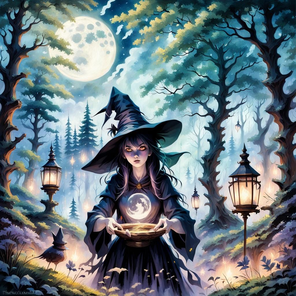 Anime Witch Ritual Under Summer Moon