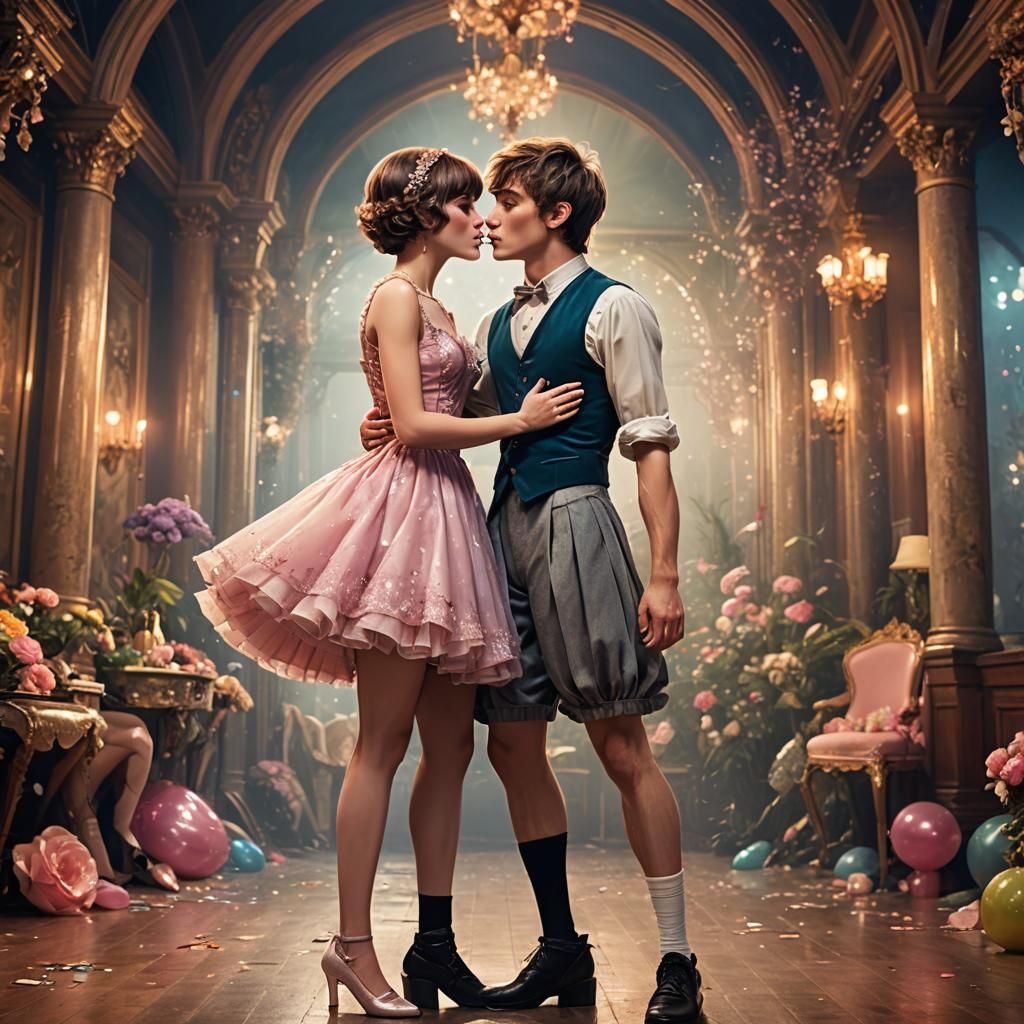 Gender Bender Kiss in Fairy Ballroom, Detailed Matte Paintin...