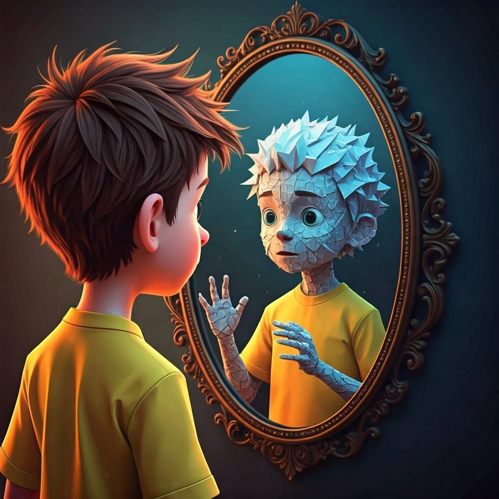 Origami Boy Reflection in Pixar Style