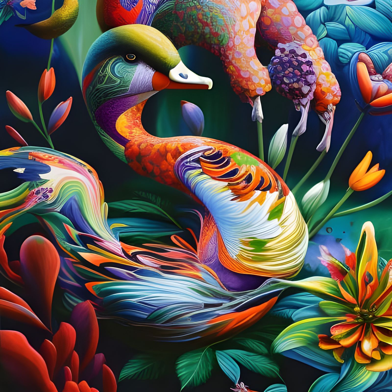 Fantastical Colorful Duck in Marbling Oil Splash Style