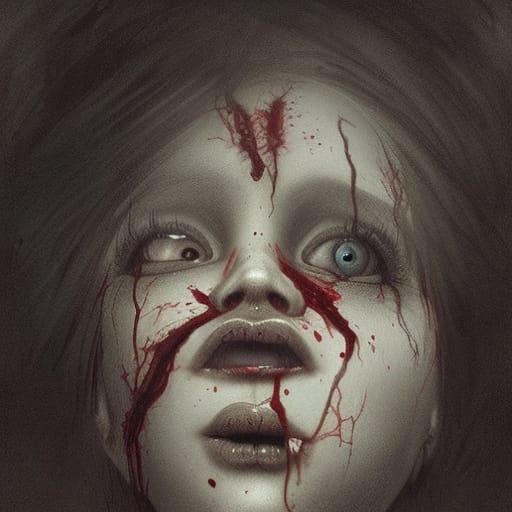Horror Zombie Girl Eats Eyeball, Dark Fantasy Art