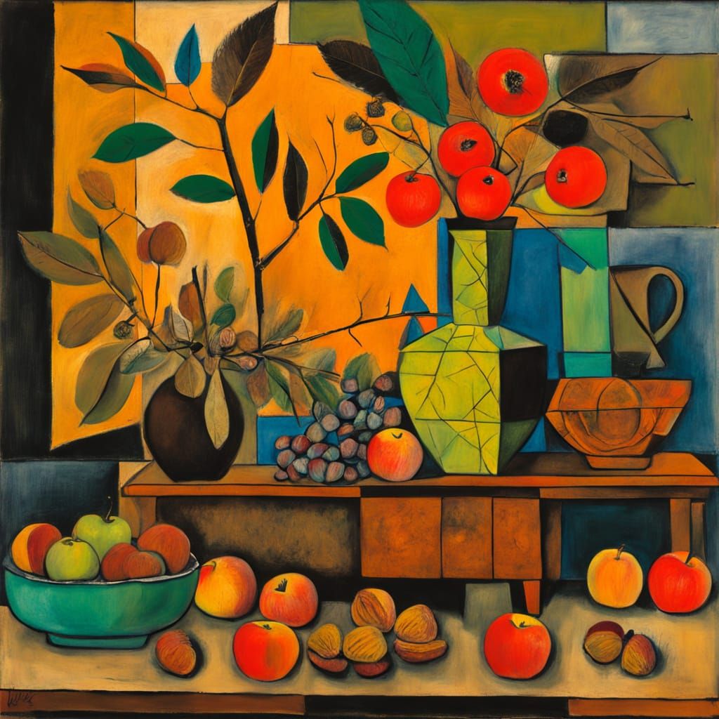 Vibrant Still Life with Chestnut Branches and Apples