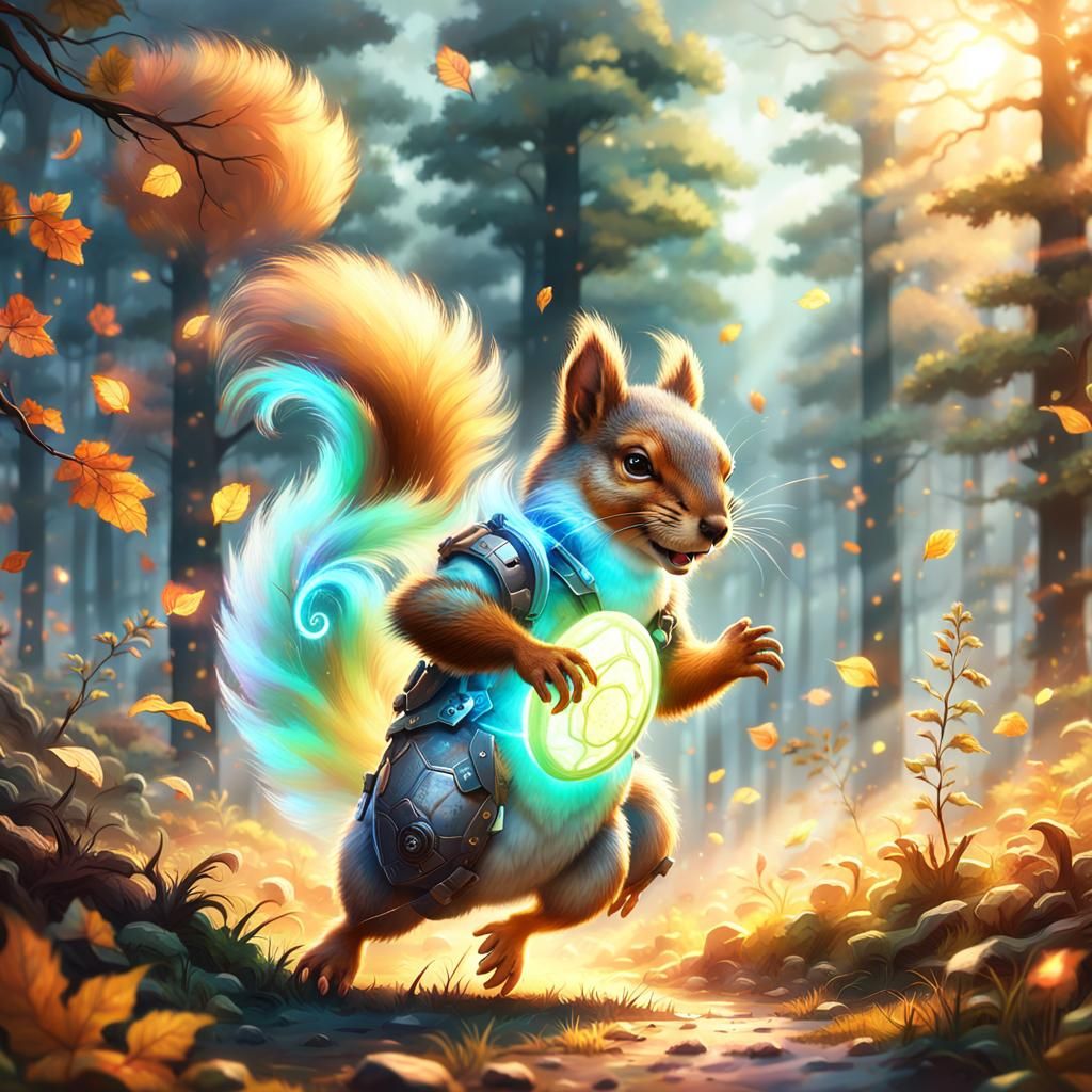 Squirrel Footballer Kicking Ball in Misty Forest