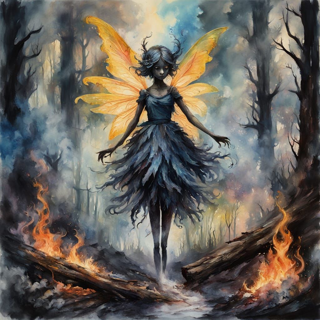 Ash Fairy in Charred Forest, Gouache Watercolor