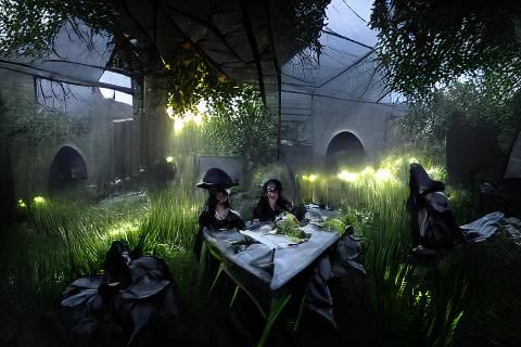 Witches' Late Night Dinner in Mysterious Garden