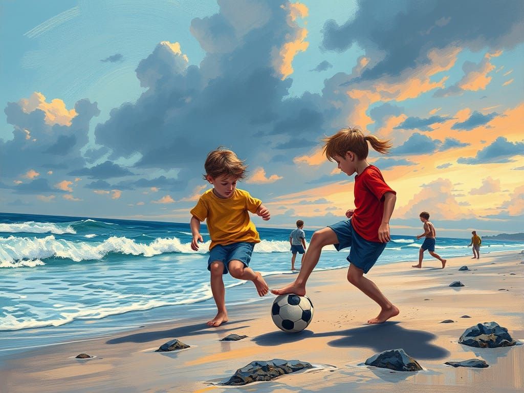 Vibrant Beach Football Scene in Vintage Ink Manga Style