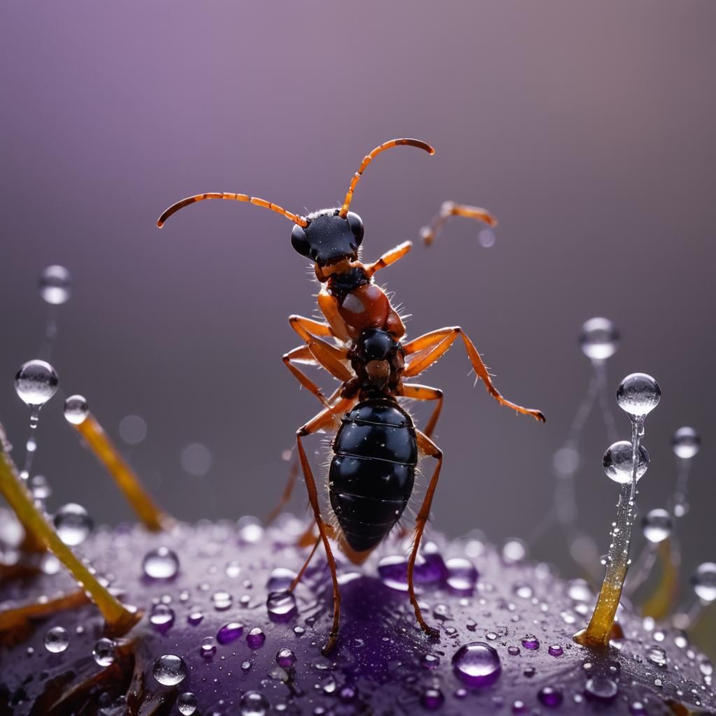 Queen Ant on Dewy Mushroom: Macro Photograph