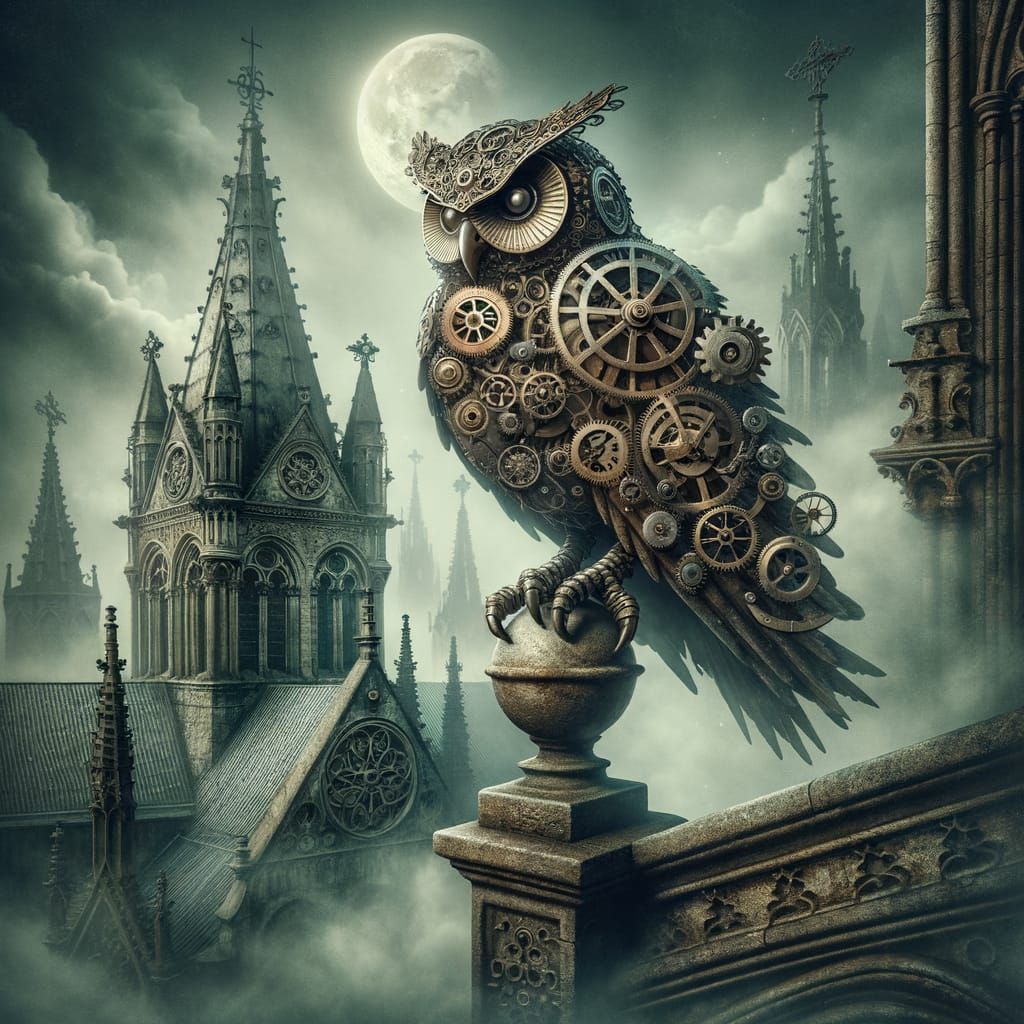 Clockwork Owl on Gothic Cathedral Spire in Foggy Moonlight