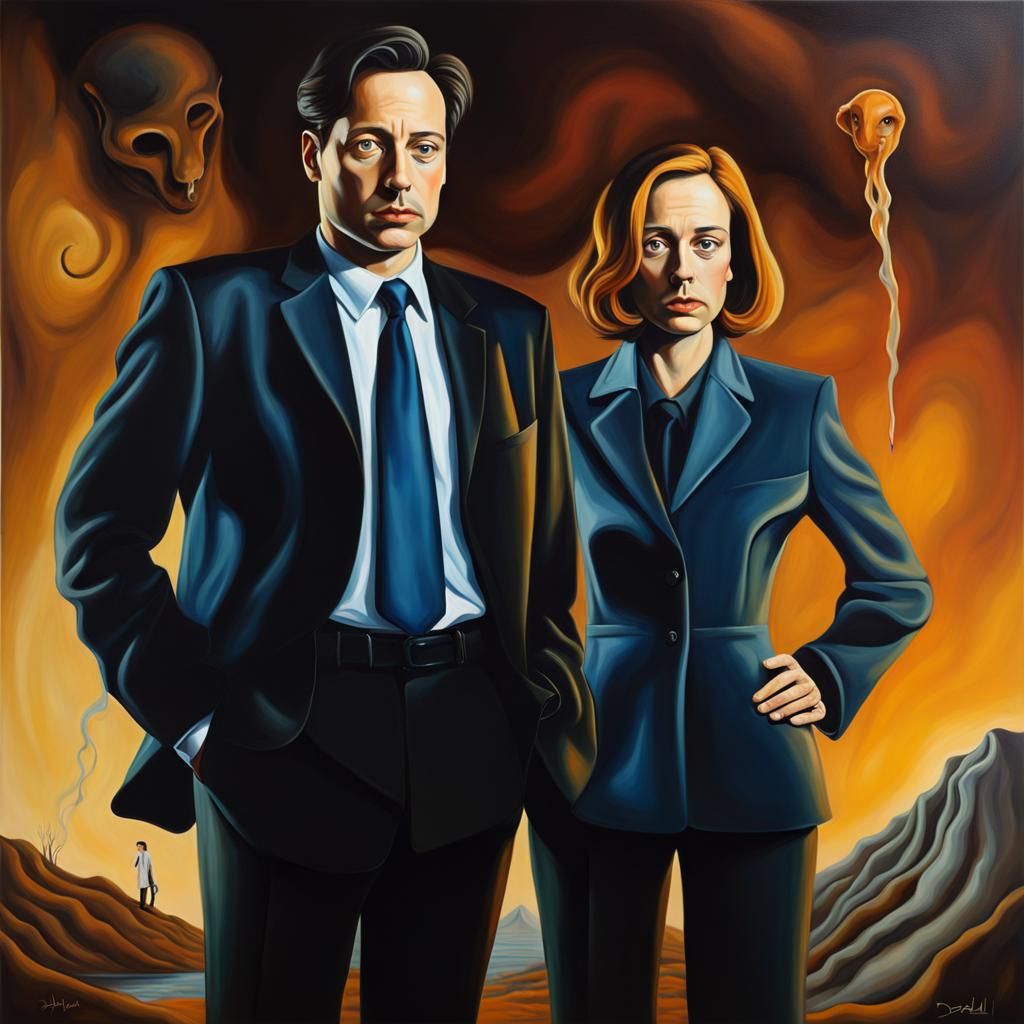 Surrealist Oil Painting: Figures in a Dali Landscape